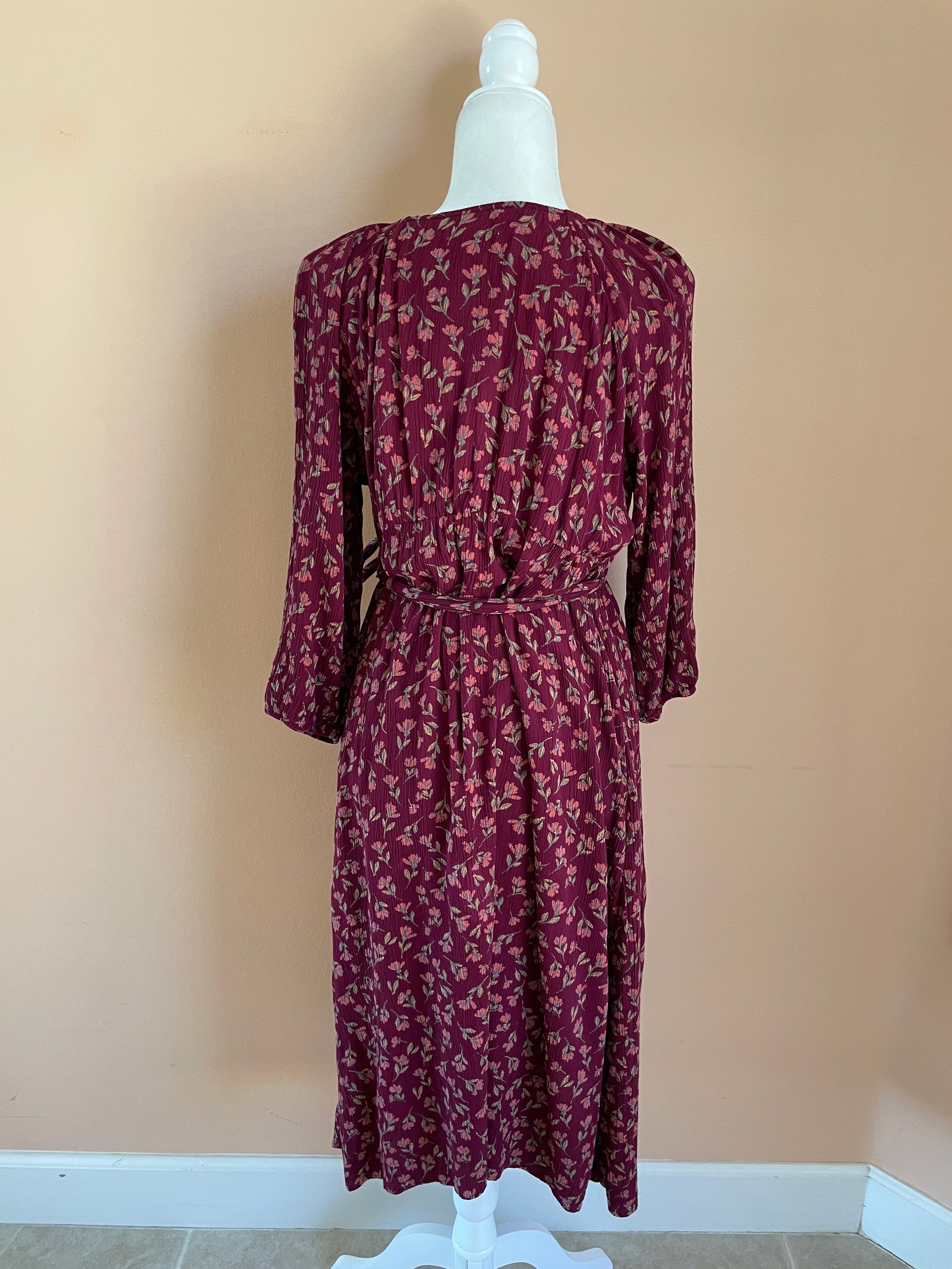  90s Sonoma Floral Print Lovely Rayon Burgundy Day Dress L
