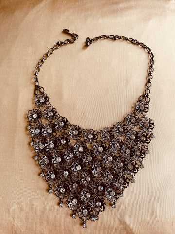 70s Vintage Lacy Flower Rhinestone Chainmail Necklace