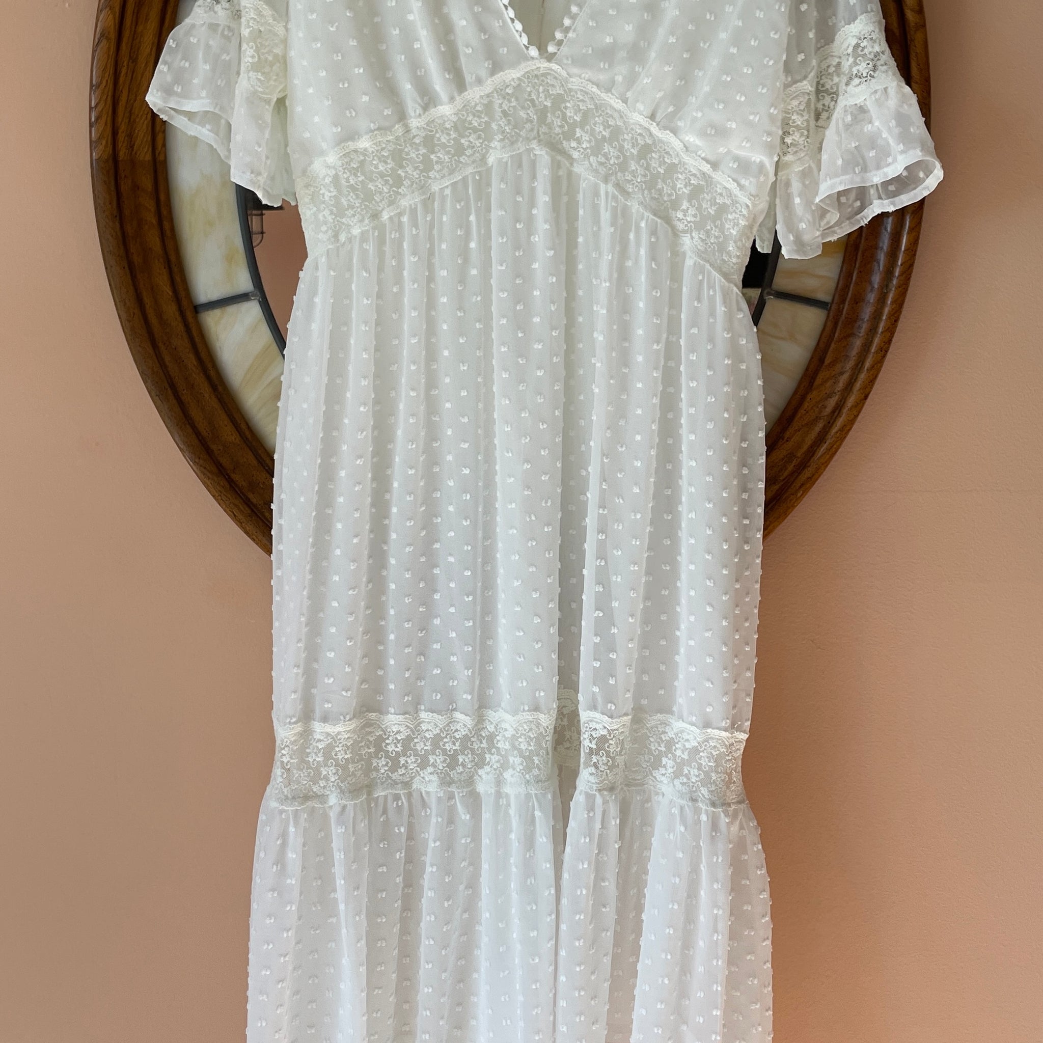 90s Vintage White Sheer Poly Dotted Lace Design Tiered Pullover Maxi Dress L