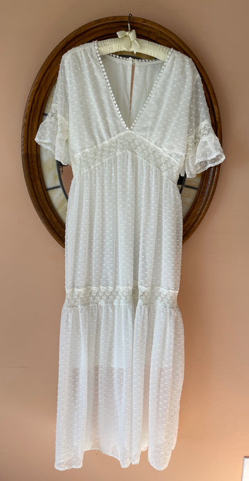 90s Vintage White Sheer Poly Dotted Lace Design Tiered Pullover Maxi Dress L