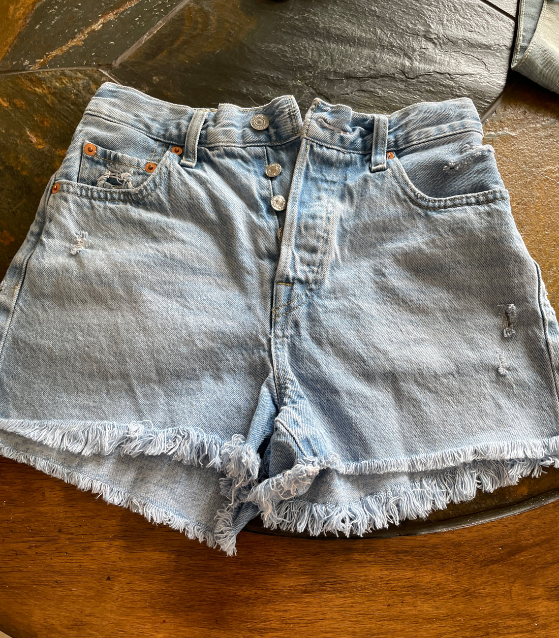 2000s Levi Strauss ReLoved Cotton Blend Denim Fringed Pockets Hand Stitched Lace Accent Ribcage Shorts Sm