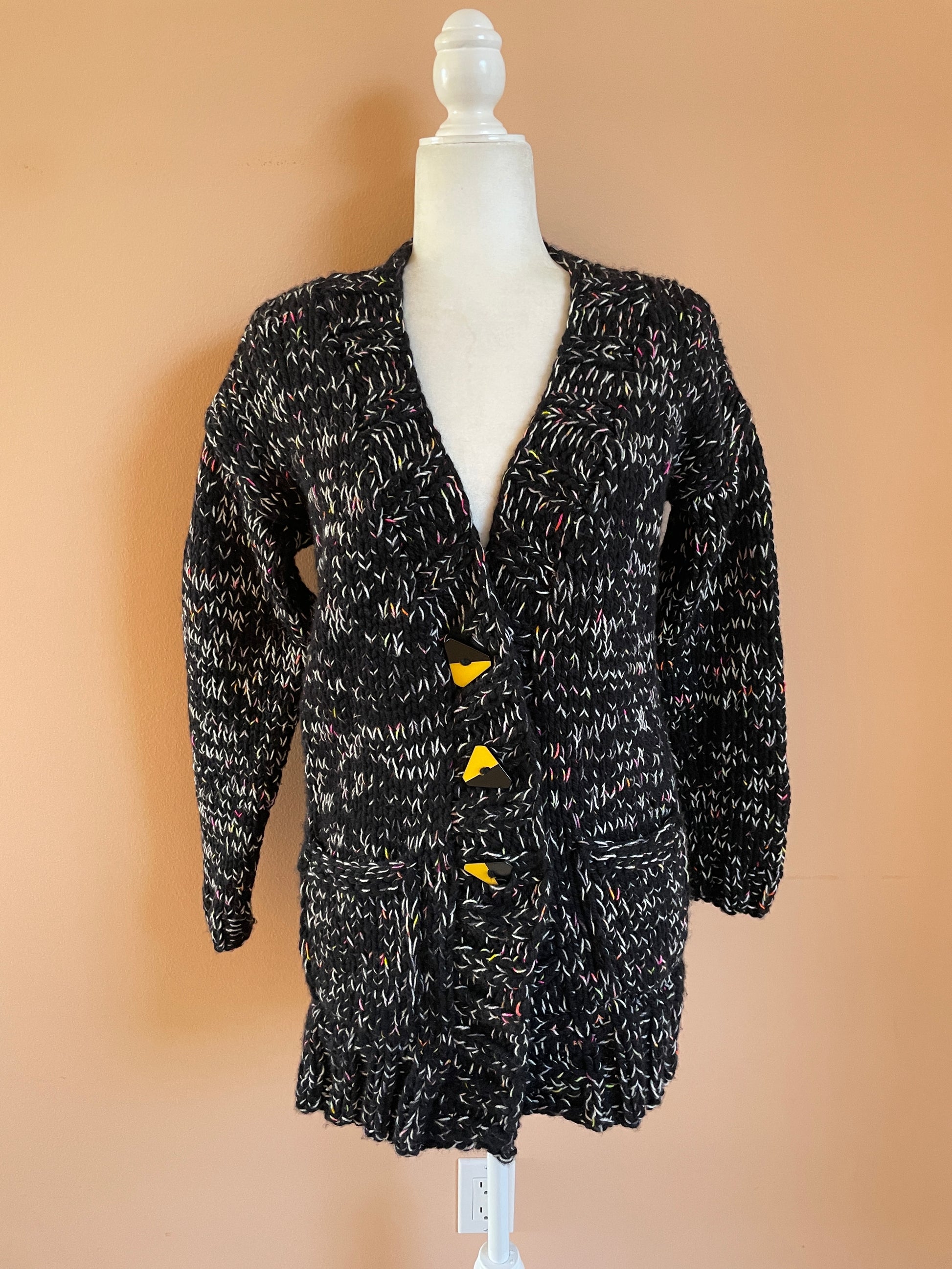 black handmade cardigan sweater 2000s Handmade Black Tweedy Cardigan Sweater M