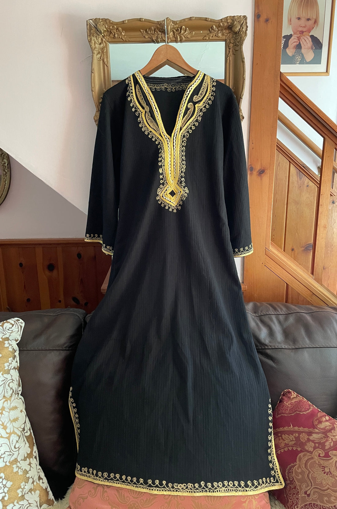 80s Vintage Black Cotton Gold  Braided Trim Side Slits Boho Long Lounge Caftan M