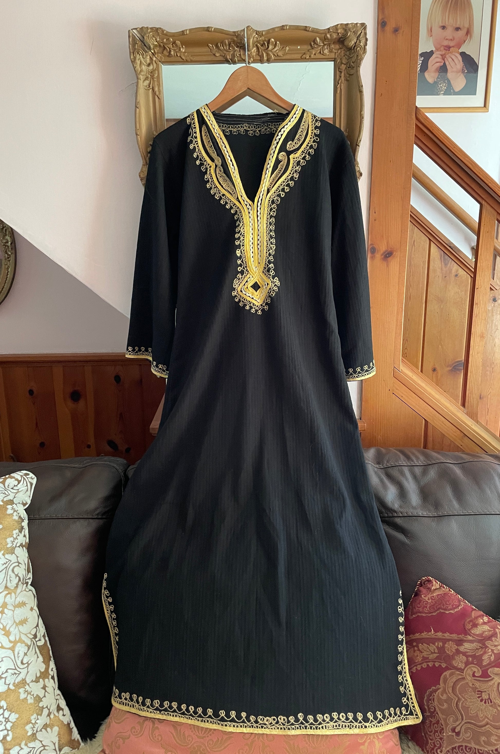  80s Vintage Black Cotton Gold  Braided Trim Side Slits Boho Long Lounge Caftan M