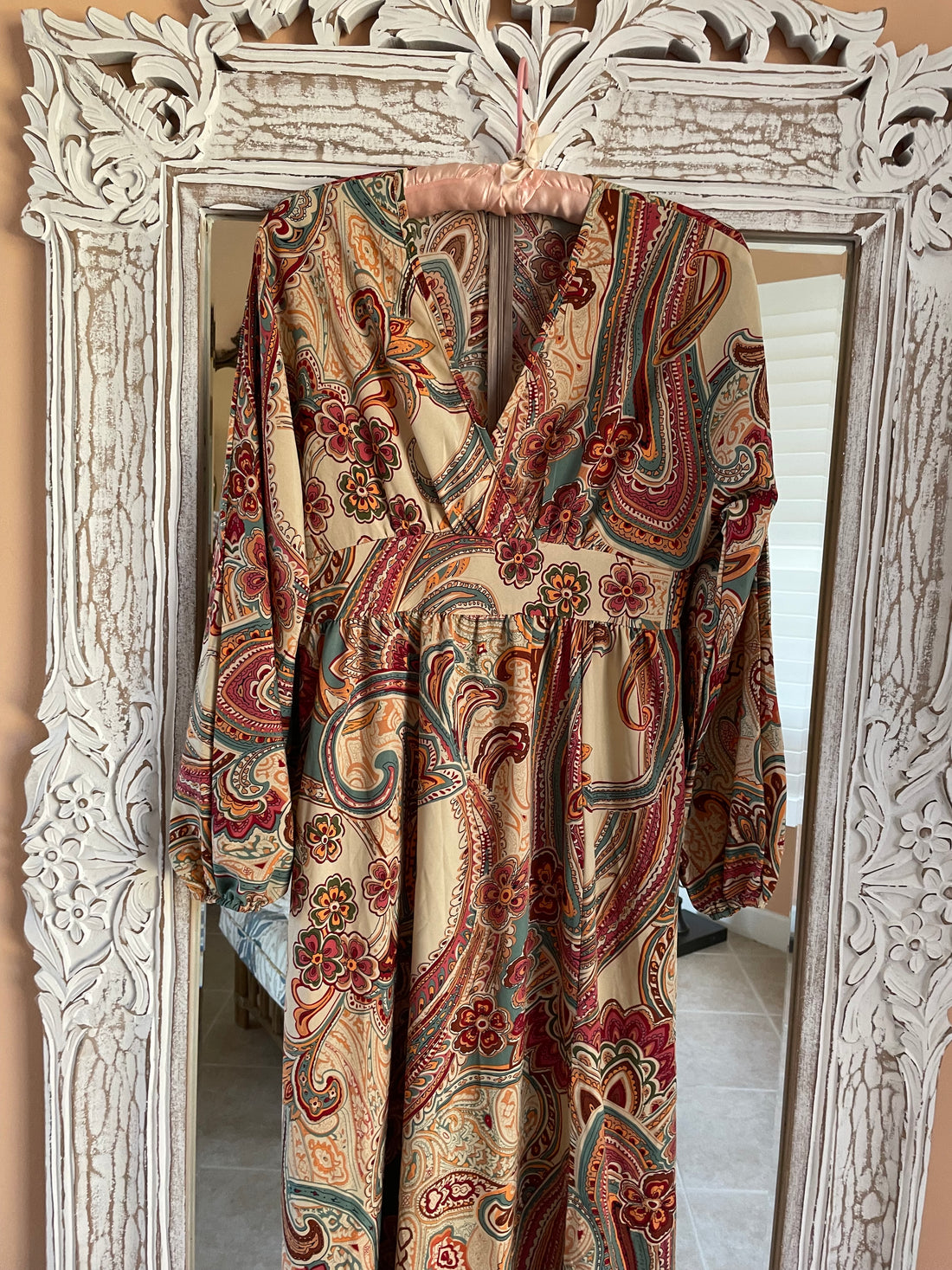 Bohemian Paisley Floral Print Poly High Waist Maxi Dress M