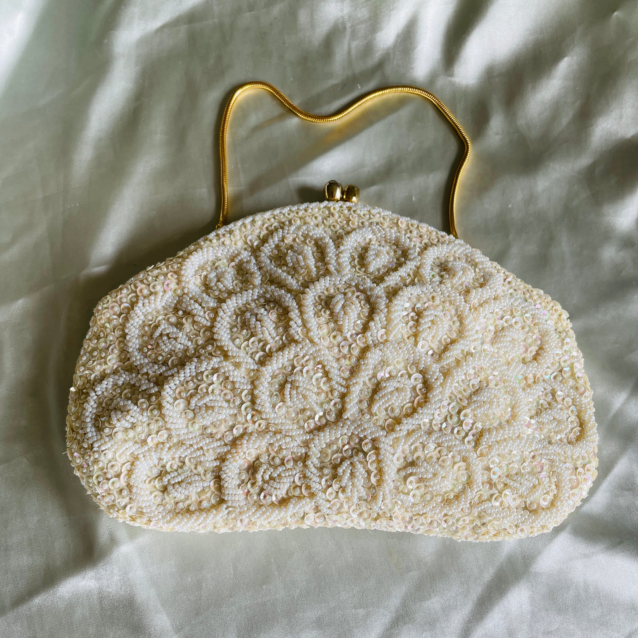 50s Vintage White Handmade Shimmering Sequins Beads Clutch Evening Purse