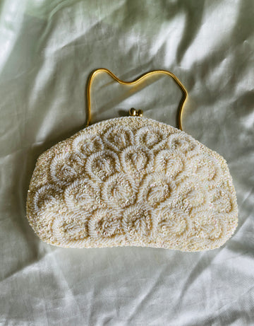 50s Vintage White Handmade Shimmering Sequins Beads Clutch Evening Purse