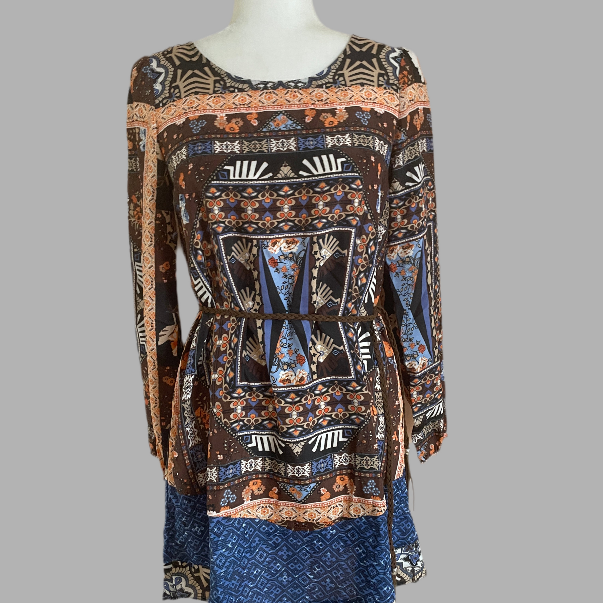 2000’s Poly Print Boho Hippie Mini Dress S