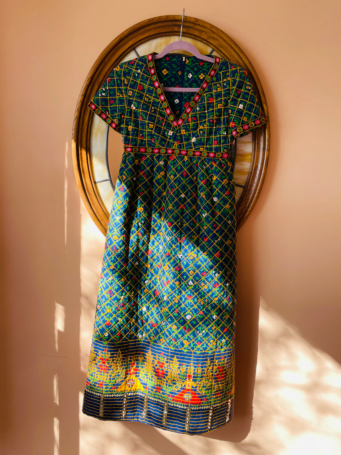 Vintage 70s Stunning Green Handmade Quilted Beaded Faux Pearl Long Dress X/S