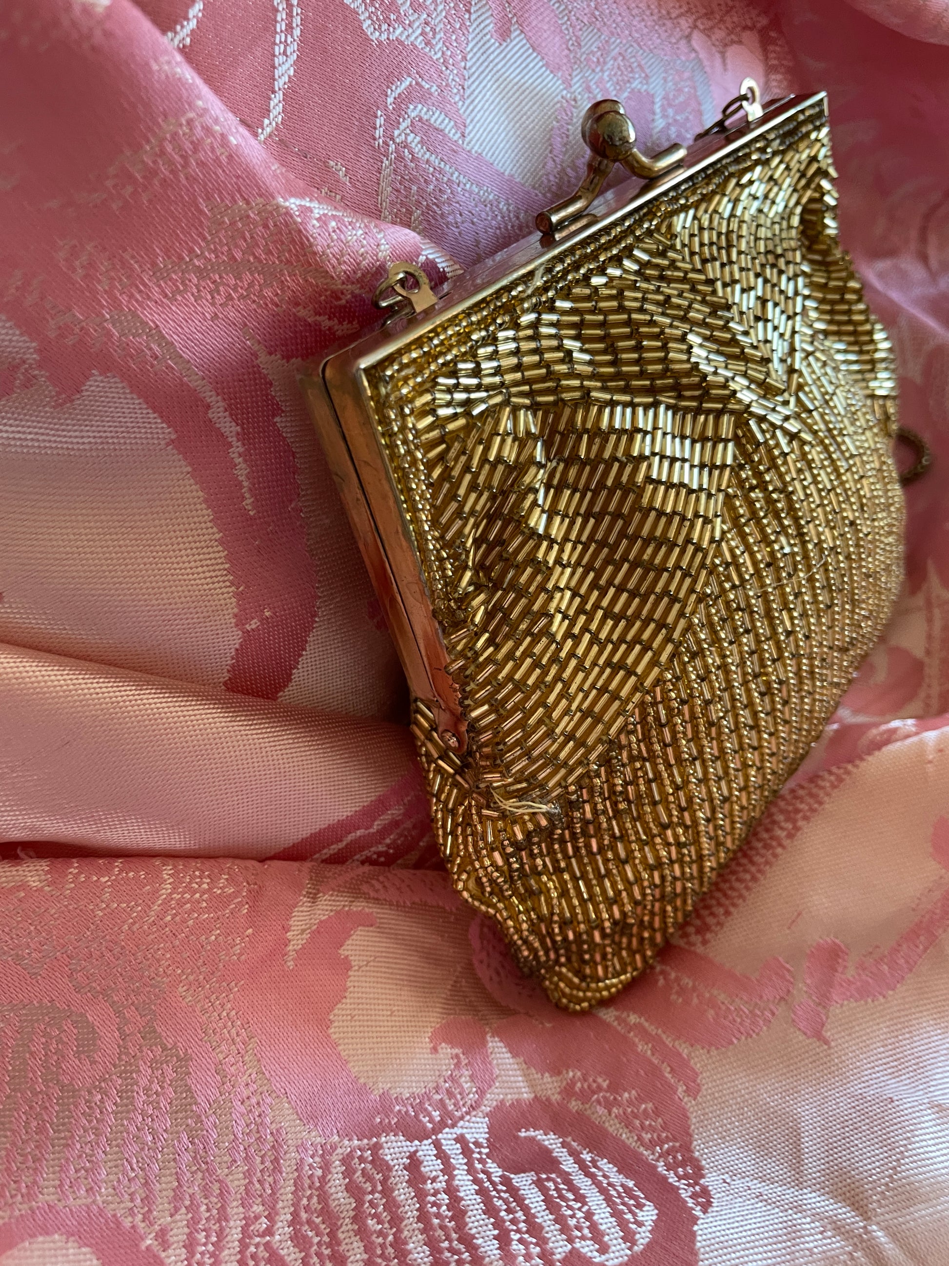  50s Vintage MAGID Handmade Shimmering Gold Beaded Crossbody Clutch Evening Bag