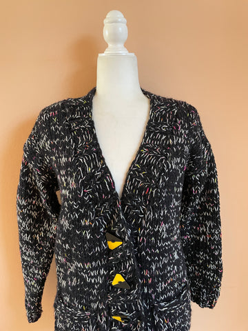 2000s Handmade Black Tweedy Cardigan Sweater M