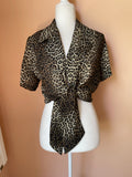 2000s Silky Poly Animal Print Cropped Tie Short Sleeve Top M
