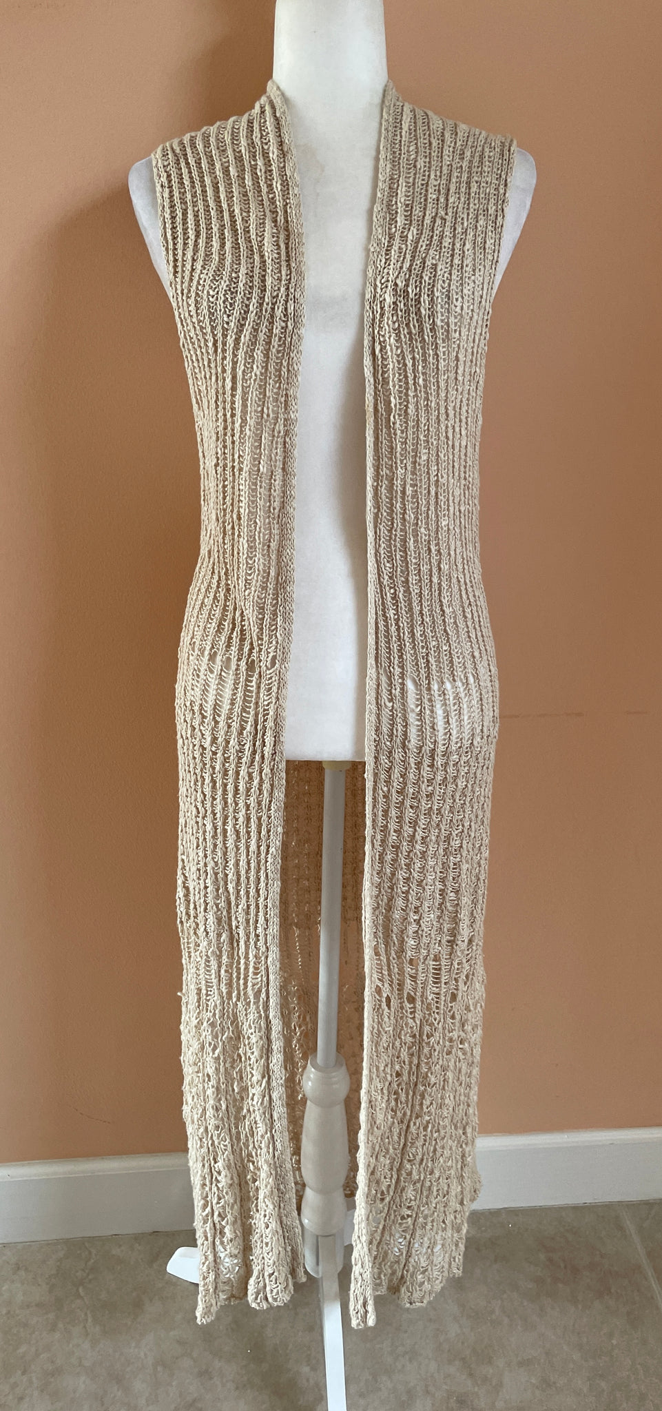 90s Vintage Cotton Acrylic Blend Beige Loose Knit Long Boho Vest Sweater S