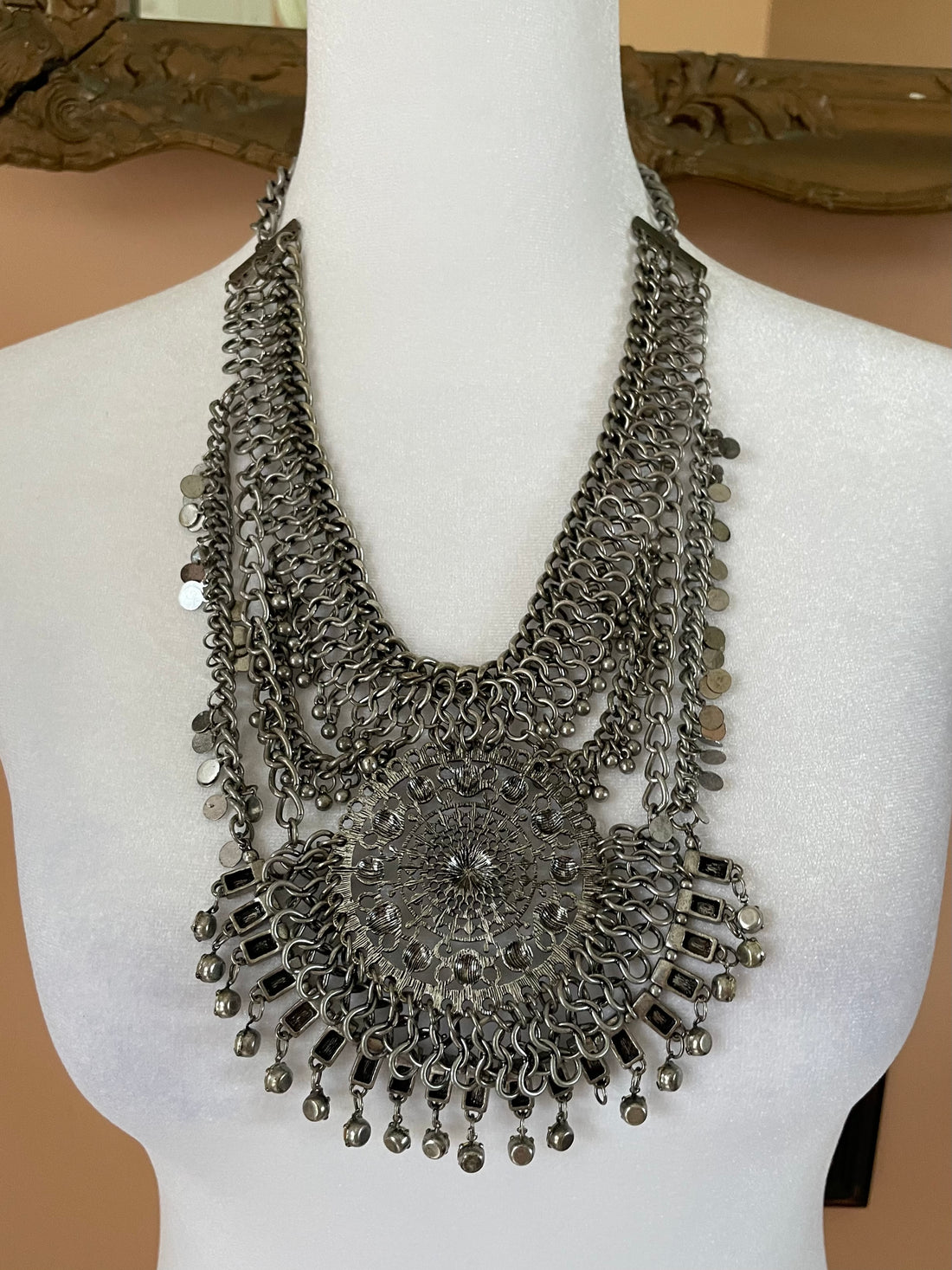 Vintage Silver Tone Afghani Medallion Choker Statement Necklace.