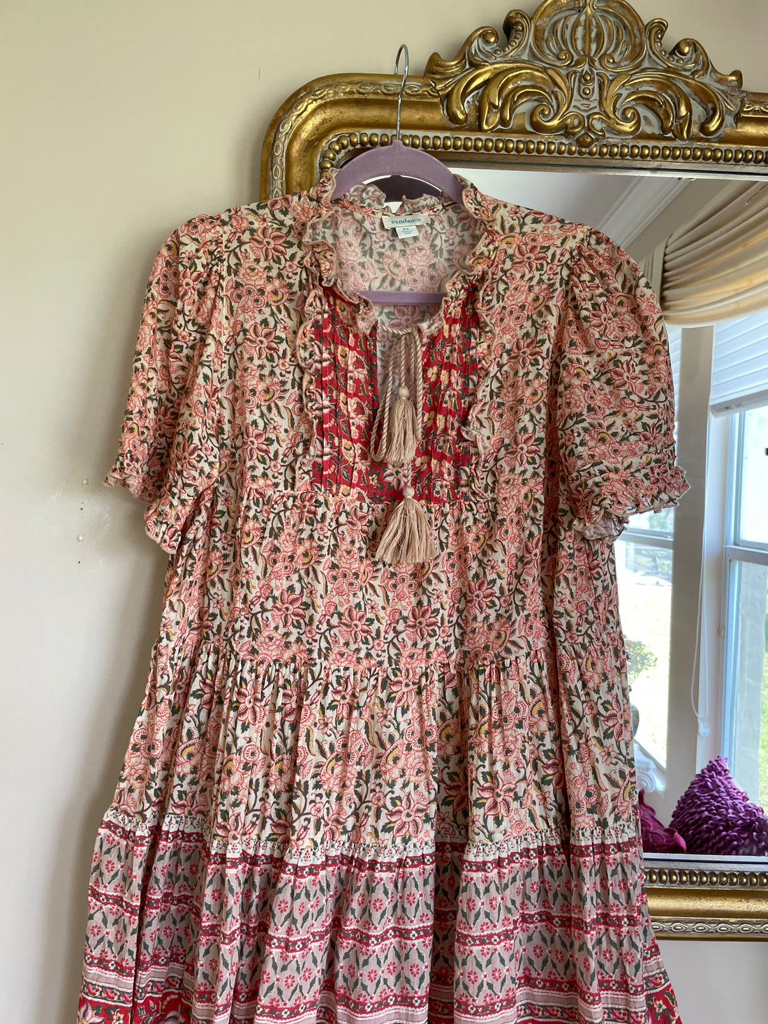 Sundance 100% Cotton Floral Print Tiered Tassel Tie Casual Boho Mini Dress S