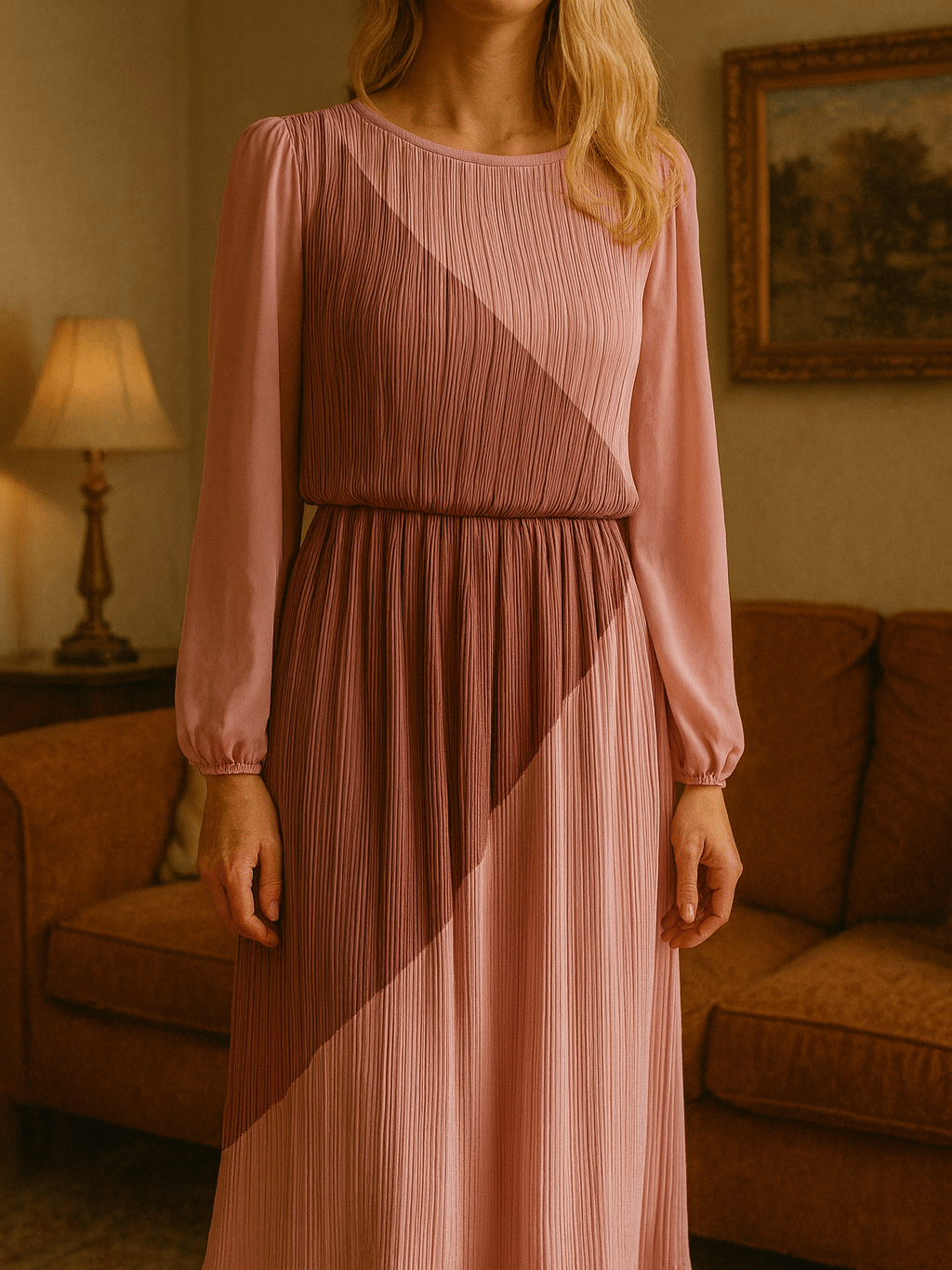 Disco Night 80s Vintage Poly 2 Tone Pink Chevron Design Pleated Dress M