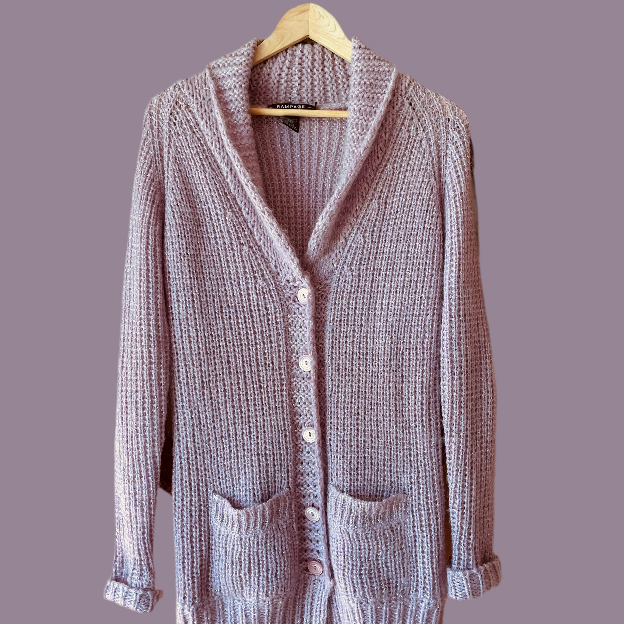 90s Vintage Mauve Acrylic Mohair Pockets Button Front Cardigan Knit Sweater M