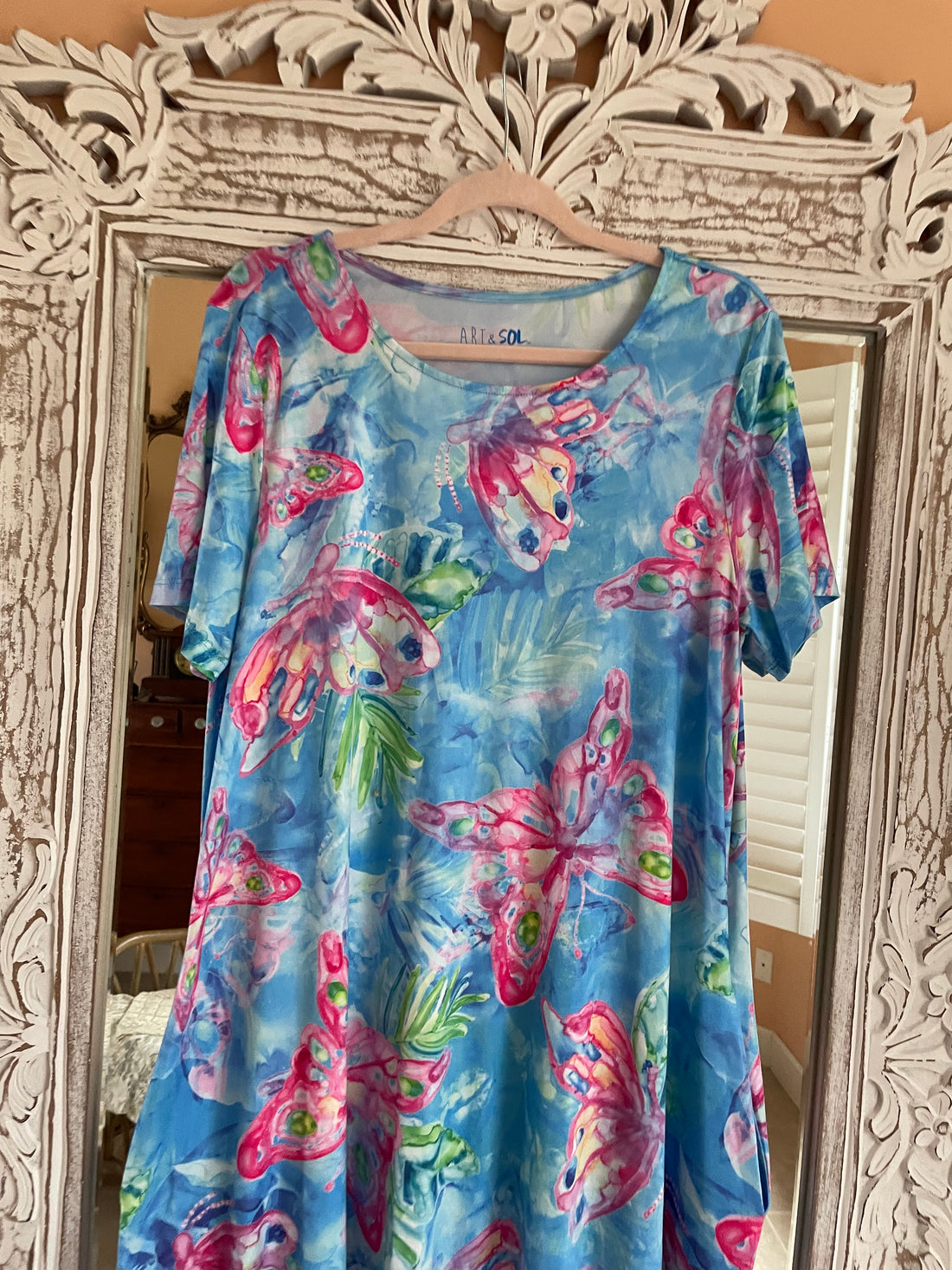 2000s Butterfly Fish Abstract Print Casual Beach Dress Med