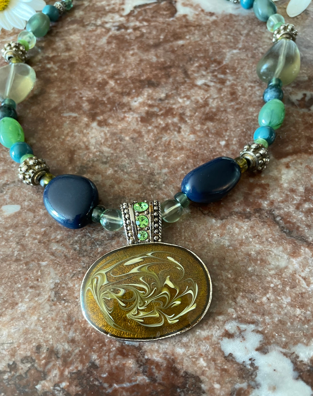 A Mix of Beads & Shades of Green Pendant Necklace