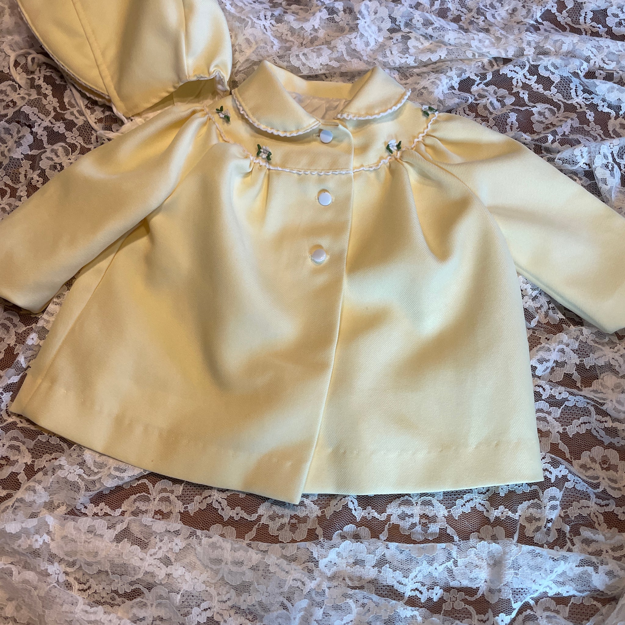 50s Vintage Handmade Yellow Sweet Baby Girl Jacket & Bonnet