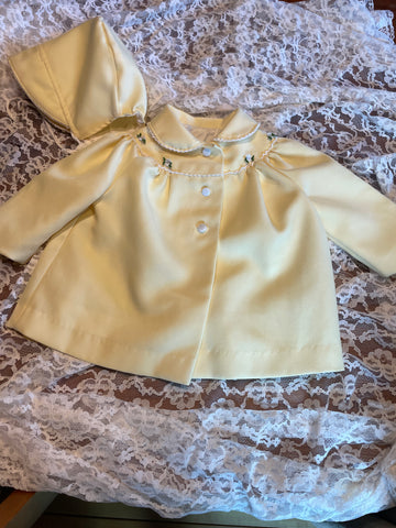 50s Vintage Handmade Yellow Sweet Baby Girl Jacket & Bonnet
