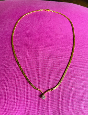 80s Signed Monet Gold Tone Clear Crystal Delicate Solitaire Pendant Necklace