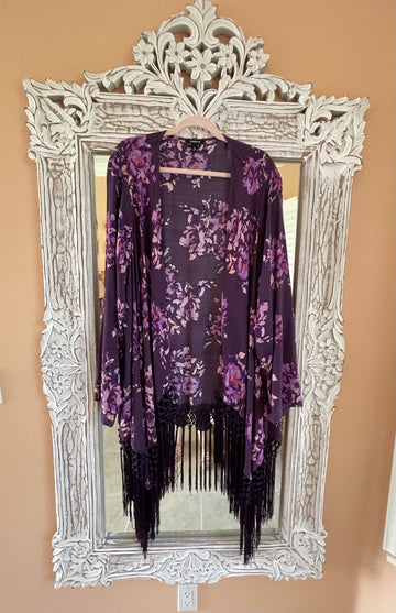 Boho Purple Floral Fringed Fairy Decorative Duster Jacket              Plus Size