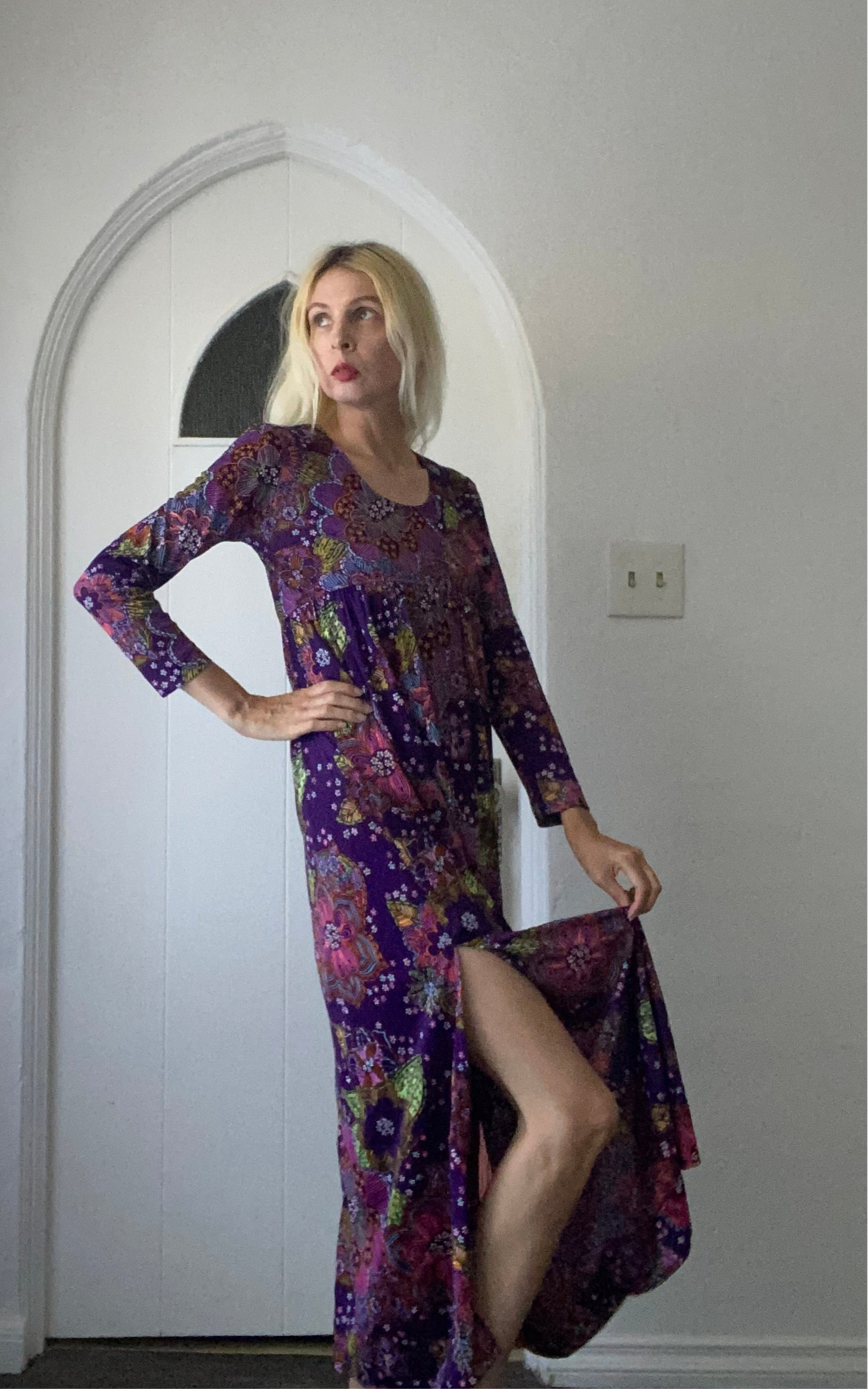  70s Vintage Handmade Purple Floral Print Poly Empire Waist 20” Side Slits Back Zip Maxi Dress S