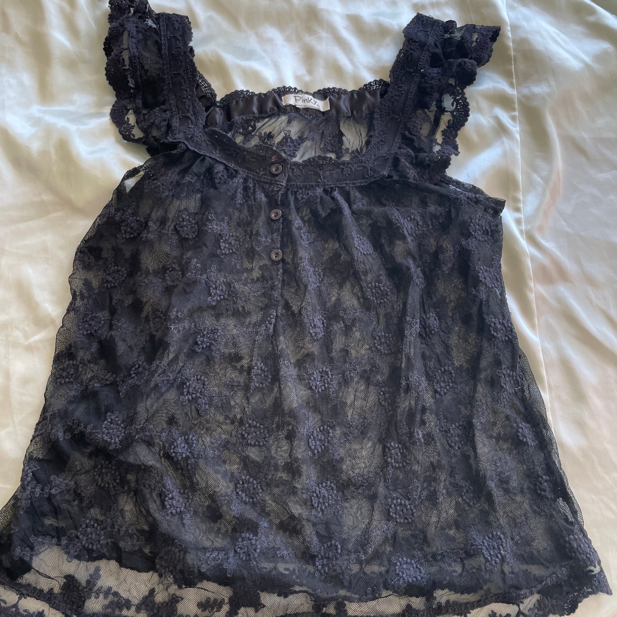 2000s Black See Trough Lace Ruffled 3 Button Front Sleeveless Lingerie Top M