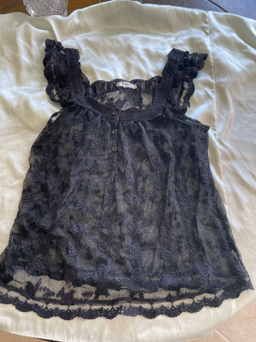 2000s Black See Trough Lace Ruffled 3 Button Front Sleeveless Lingerie Top M