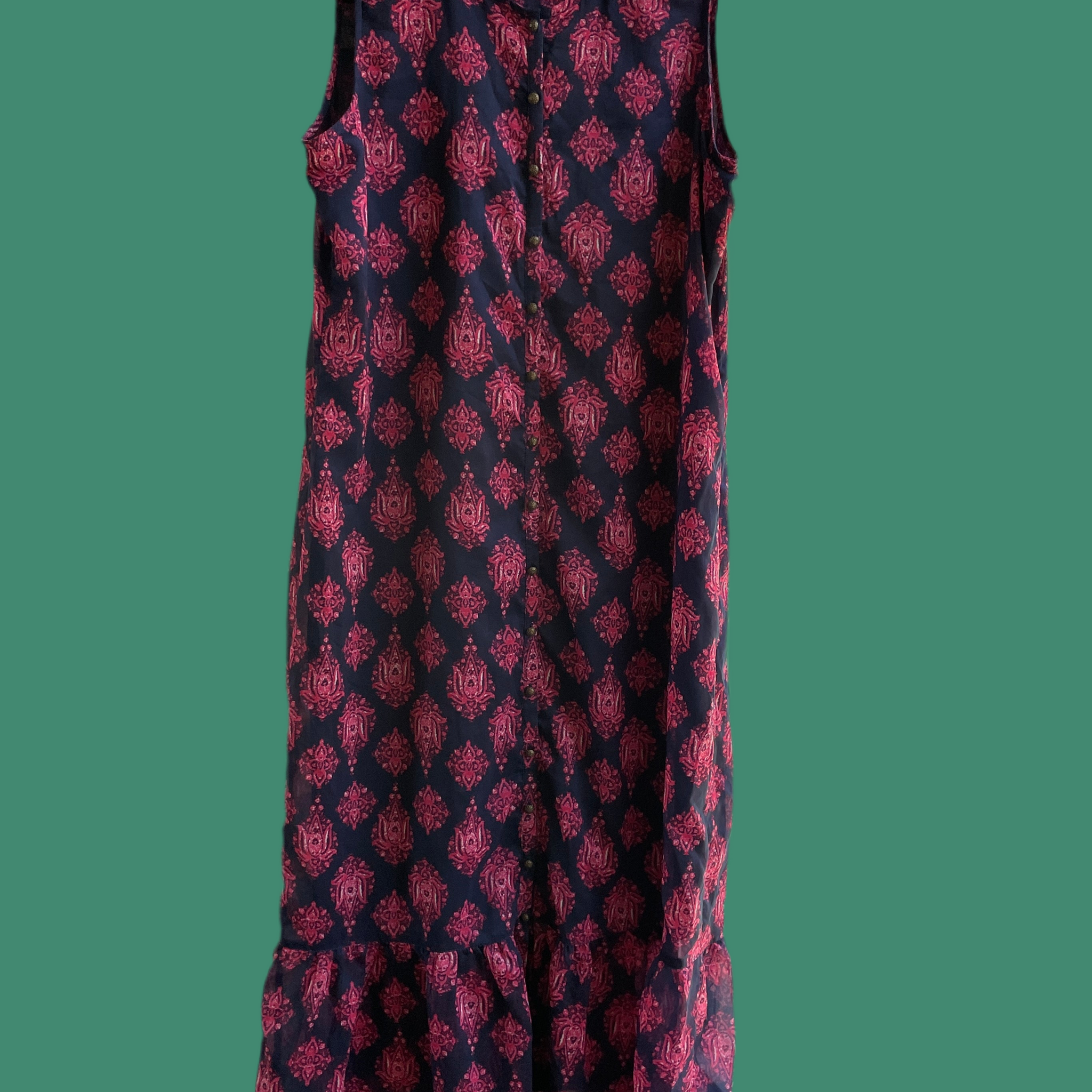 90s Vintage Floral Paisley Sleeveless Ruffled Boho Maxi Dress M