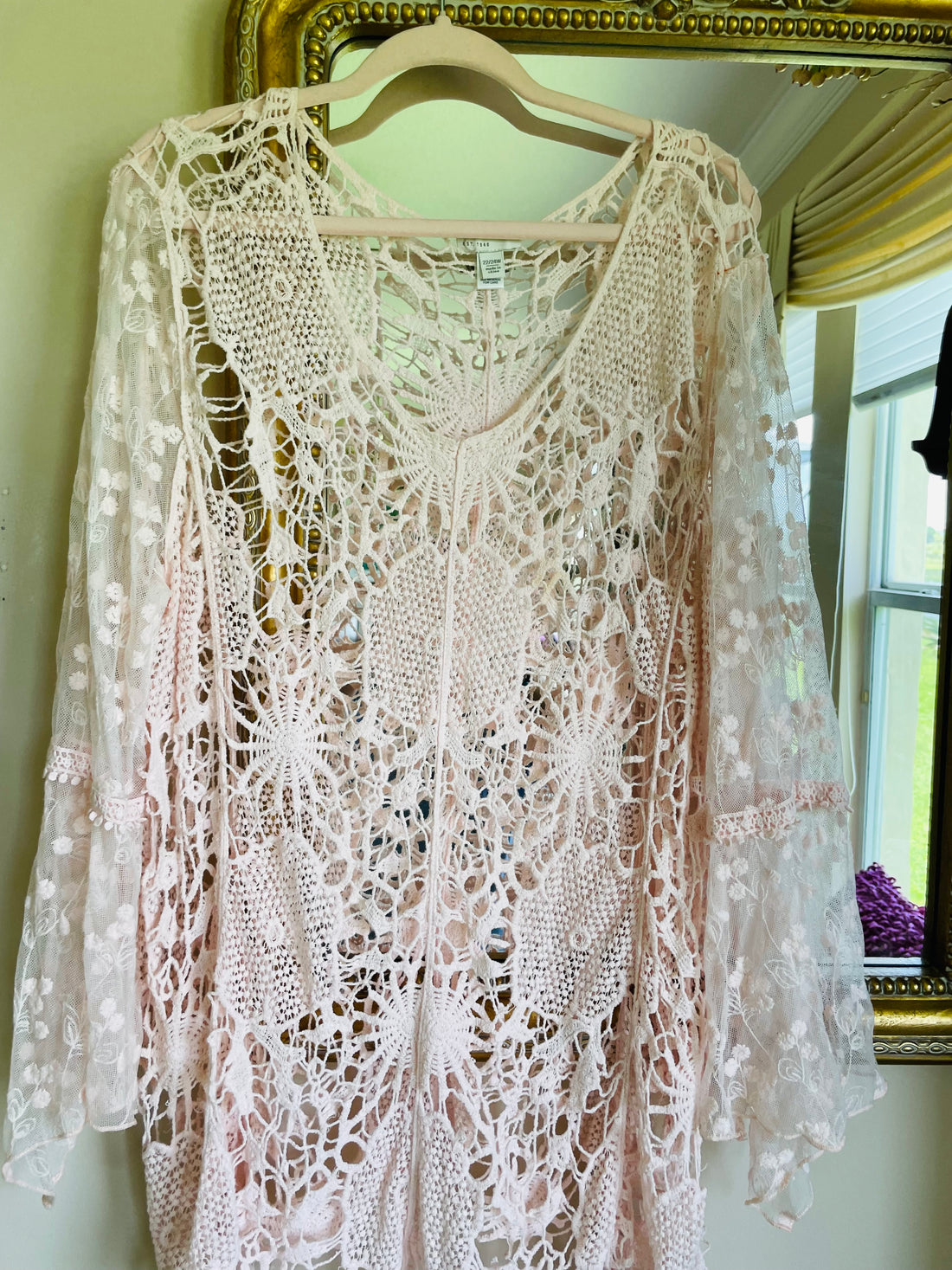 Pink Cotton Crochet Angel Sleeve Top Swimsuit Coverup. X/L