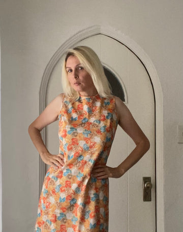 70s Handmade Colorful Floral Print Knee Length Sleeveless Dress M