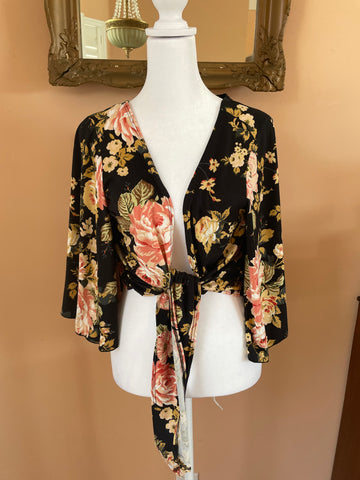 Vintage 90s Black Poly Floral Butterfly Sleeve Tie Front Cropped Top X/L