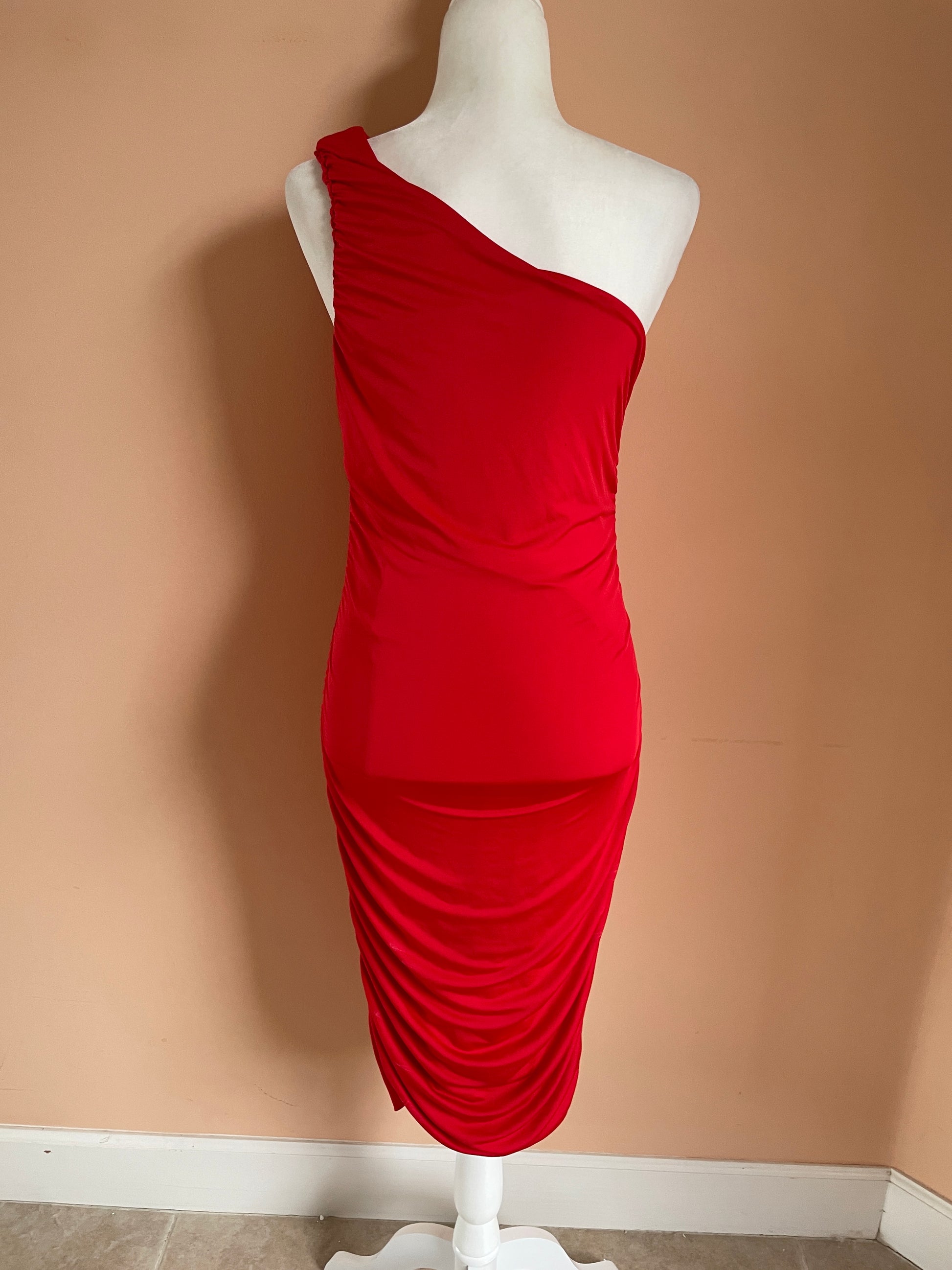  2000s Red Bodycon Strapless Cold Shoulder Dress M
