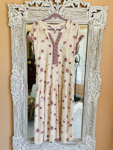 Lucky Brand Rayon Floral Print Back Tie Tiered Midi Dress Lg
