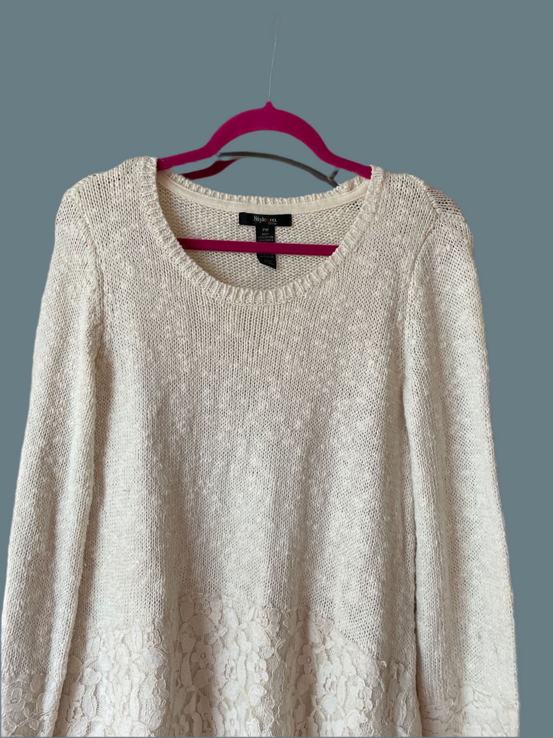 90s Vintage Style & Co Off White Cotton Acrylic Lace Design Pullover Knit Sweater M