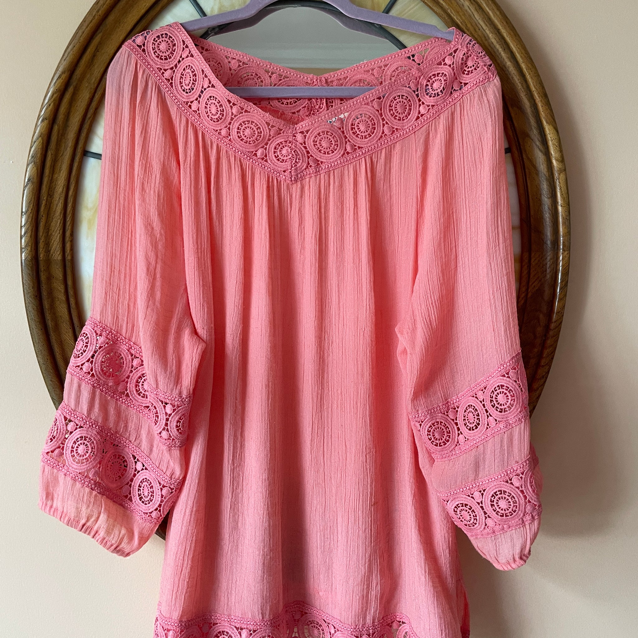 2000s Peachy Pink Rayon Poly Lacy Pullover Boho Top L