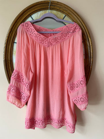 2000s Peachy Pink Rayon Poly Lacy Pullover Boho Top L