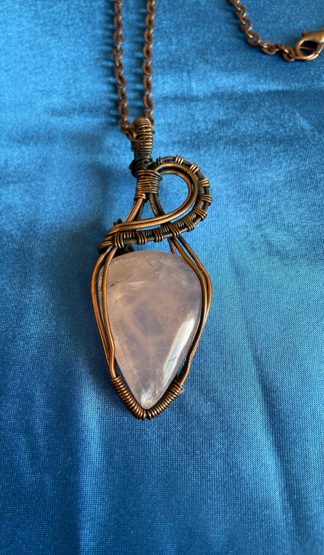 2000s Rose Quartz Handcrafted Copper Pendant Necklace