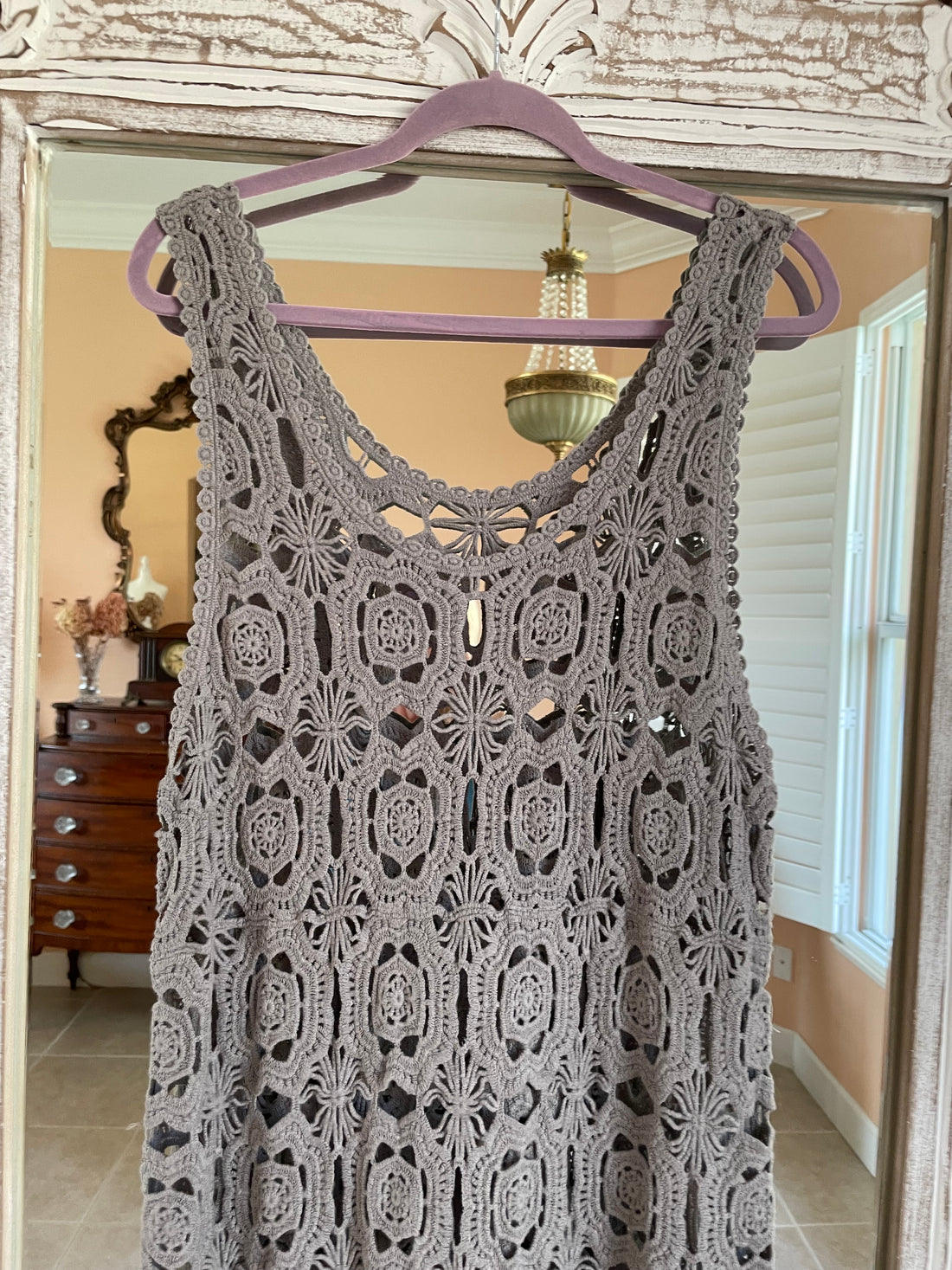 Gray Open Work Crochet Sleeveless Long Dress M