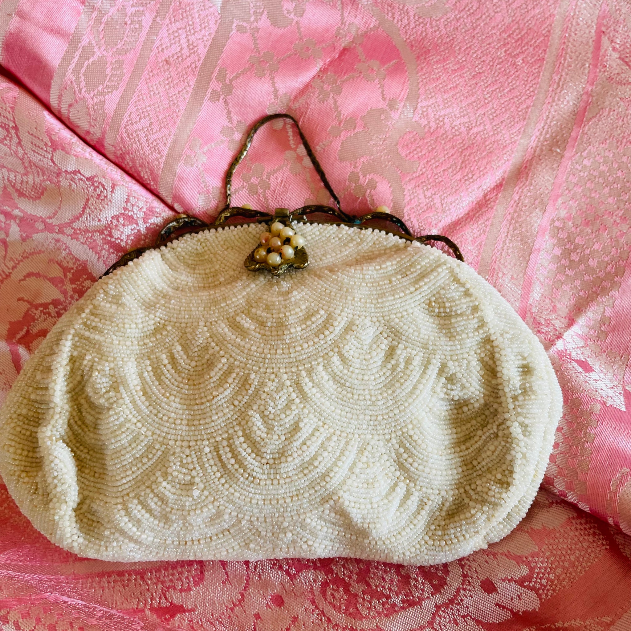 1940s Handmade in France Faux Pearl Beaded Small Purse