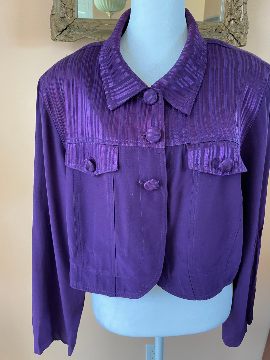 Vintage 80s Silky Purple Poly Button Front Pockets Cropped Jacket X/L