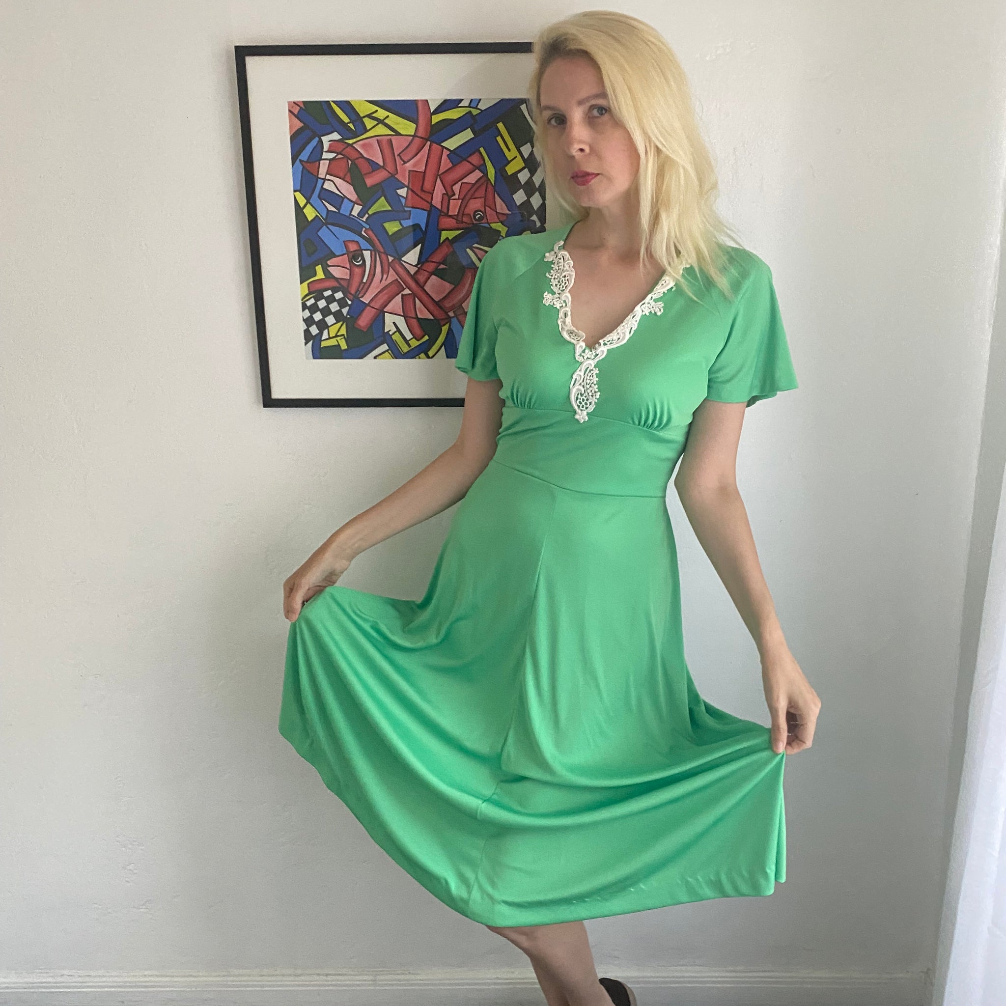 Vintage 70s Handmade Striking Green Lace Midi Dress M