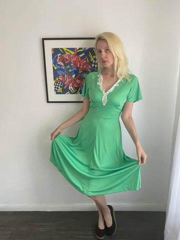 Vintage 70s Handmade Striking Green Lace Midi Dress M