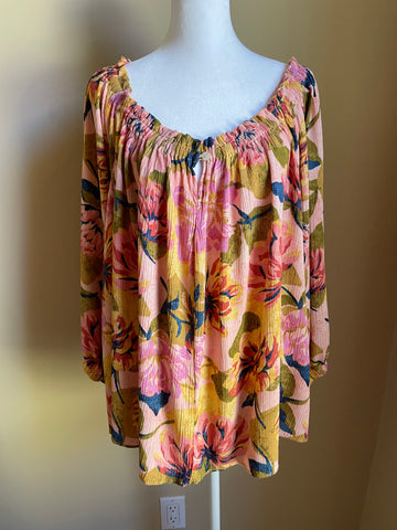 2000s Colorful Rayon Loose Fit On Off Shoulder Casual Boho Top Boho 1X-2X Plus Size