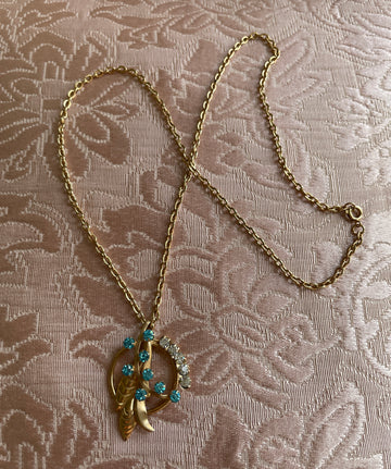 60s Gold Tone Rhinestone Leaf Pendant Necklace