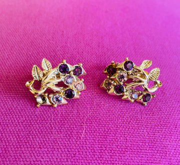 50s Vintage Signed Coro Gold Tone Purple  Glass Detail Clip Vintage Earrings