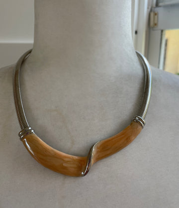 80s Silver Tone Snake Chain Enamel Choker Necklace