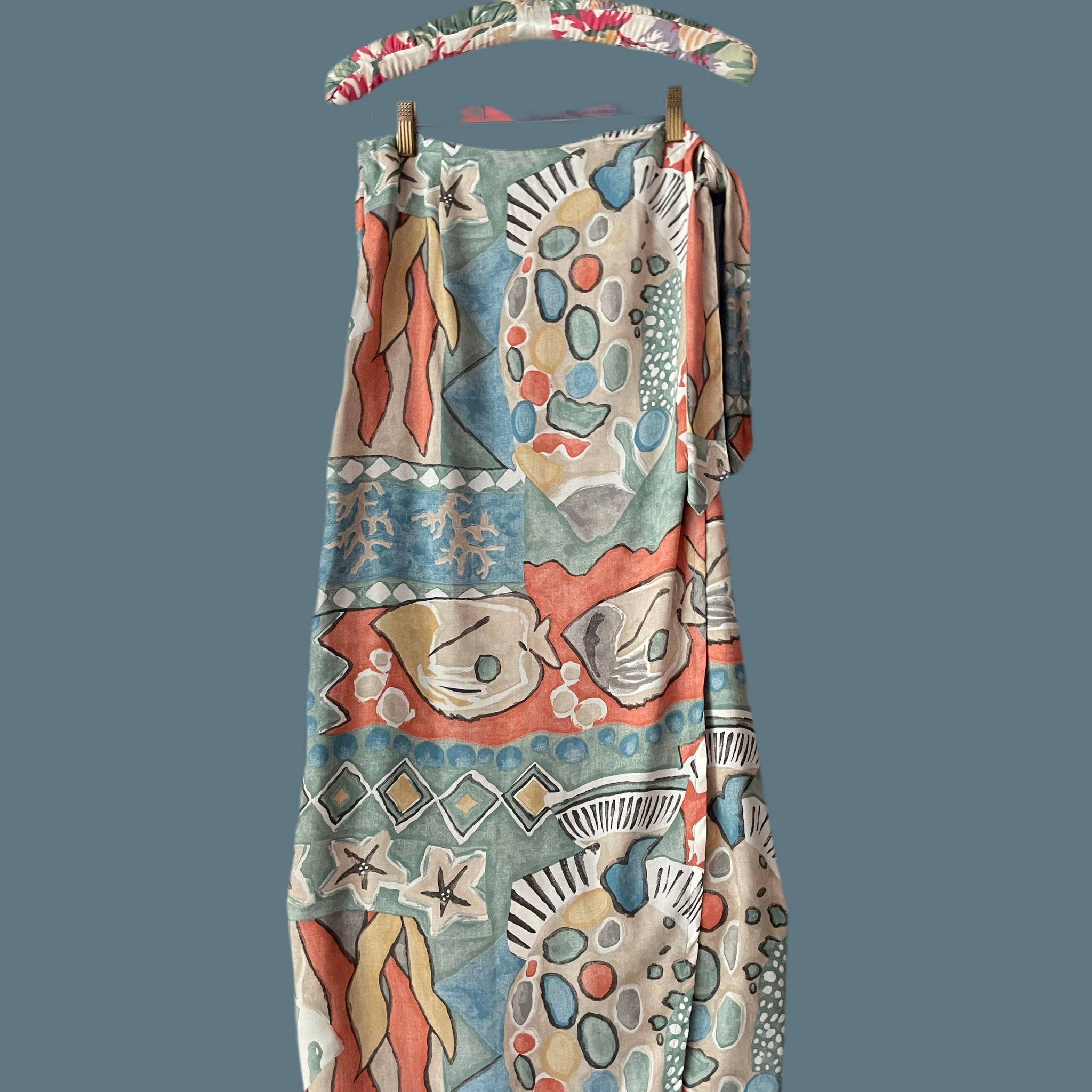 90s Vintage Abstract Ocean Print Tie  Casually Long Wrap Skirt M